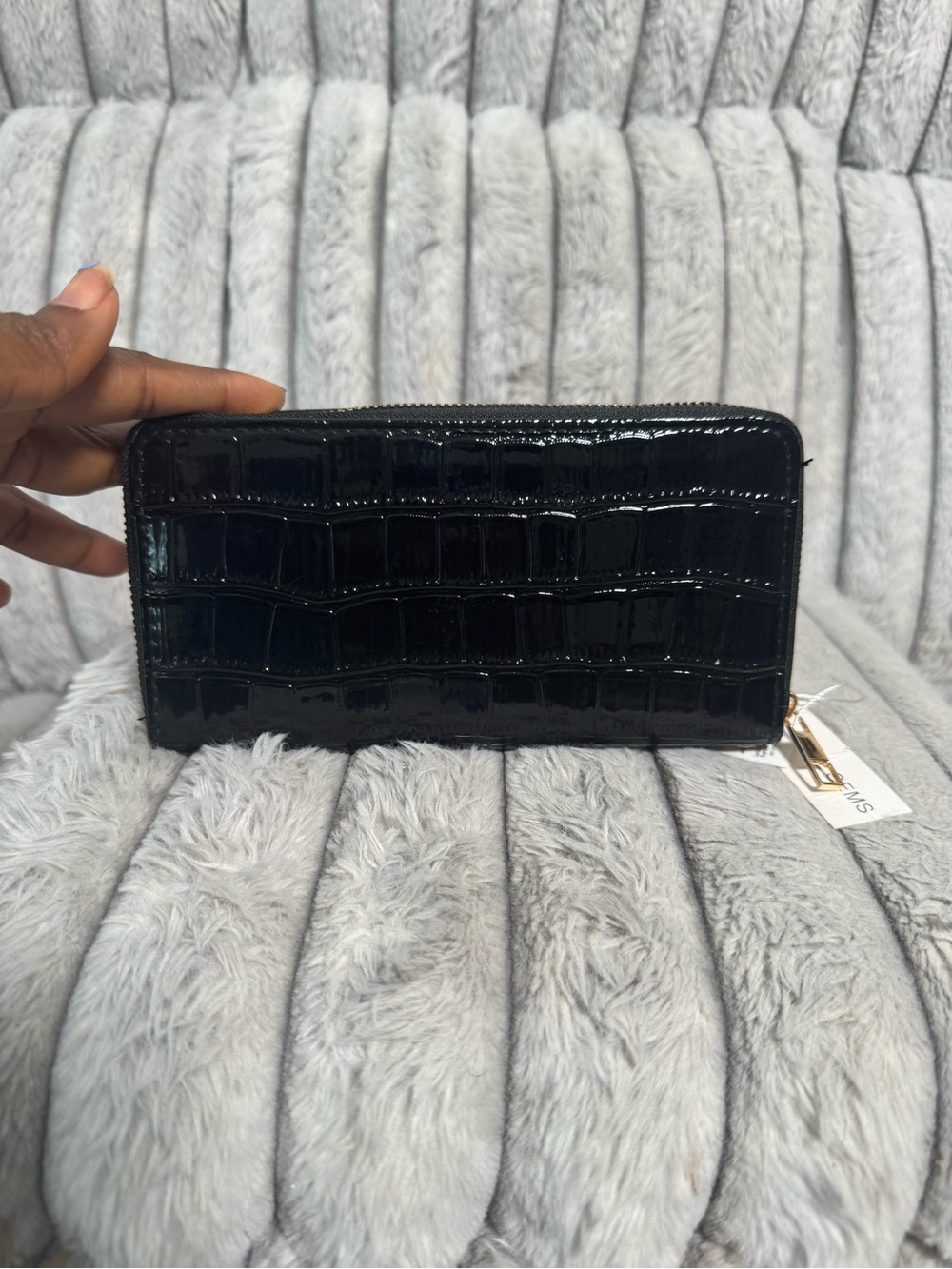 Glossy Black Croc-Embossed Zip Wallet